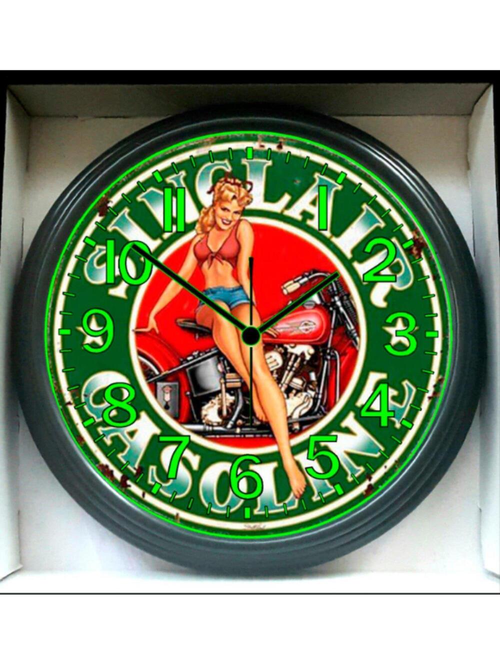 Retro Pinup Garage Shop Game Room Lounge Glow In The Dark Wall Clock New!